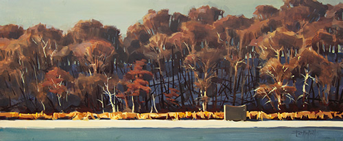 Dan Mondloch, "Ice Fishing, Evening Shadows," 2015, acrylic, 12 x 28 1/2 in. 