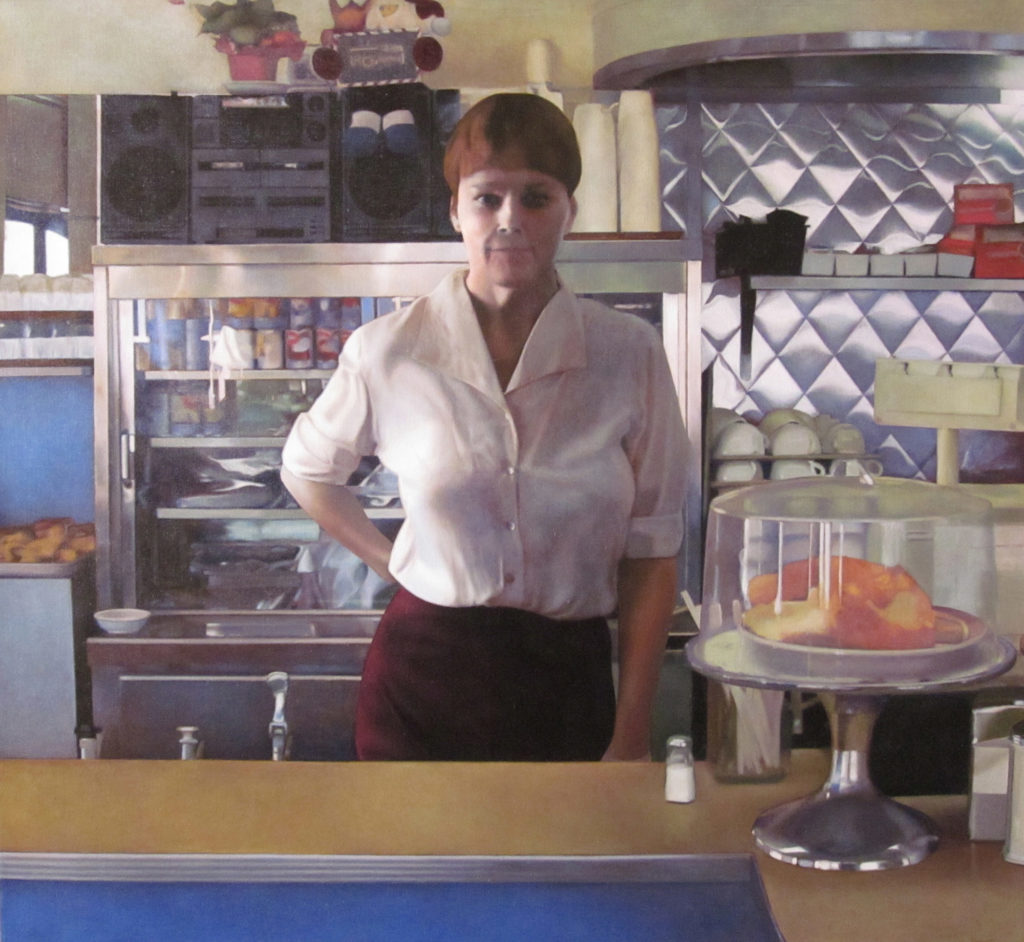 William Oberst, “Diner Waitress,” 2016, oil on linen, 48 x 50 in. (c) From Russia With Art Gallery 2016