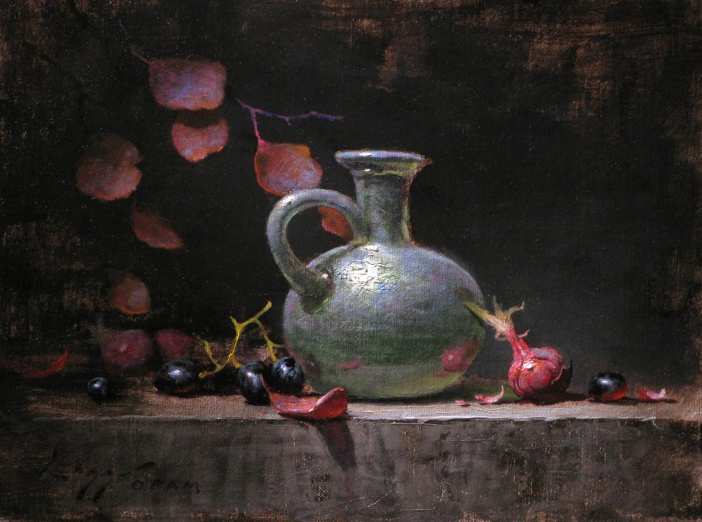Jeff Legg, “Bottle with Onions and Grapes,” 2016, oil, 9 x 12 in. (c) Evergreen Fine Art 2016
