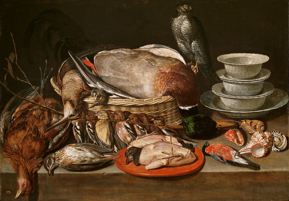 Clara Peeters, “Still Life with Sparrow, Hawk, Fowl, Porcelain and Shells” 1611, oil on panel, 52 x 71 cm. (c) Museo del Prado 2016