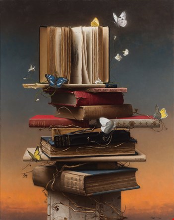 Steve Levin (1st – Still Life), “Books and Butterflies,” 2015, oil on canvas, 28 x 22 in. (c) ARC 2016