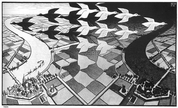 MC Escher, “Day and Night,” 1938, woodcut, 15 1/2 x 26 1/2 in. (c) Bonhams 2016