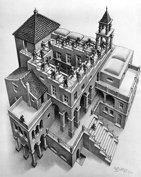 MC Escher, “Ascending and Descending,” 1960, lithograph, 14 x 11 1/4 in. (c) Bonhams 2016