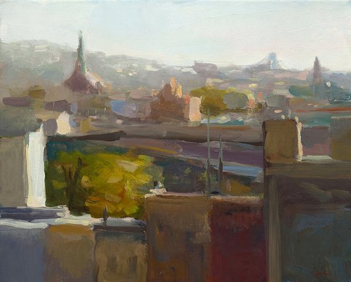 Christine Lafuente, “South Brooklyn with Steeples and Highway,” oil on linen, 16 x 20 in. (c) Morpeth Contemporary 2016