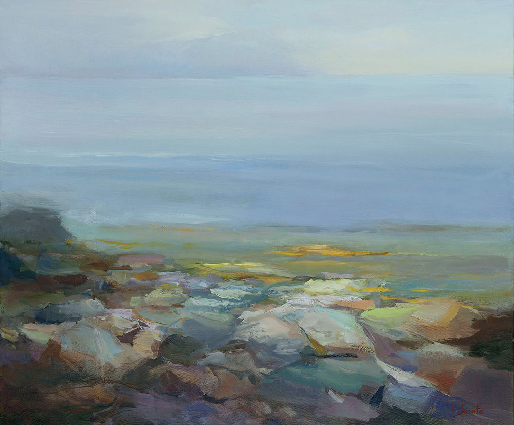 Christine Lafuente, “Rocky Shore and Distant Fog Bank,” oil on linen, 30 x 36 in. (c) Morpeth Contemporary 2016