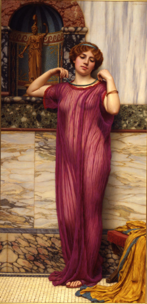 John William Godward R. B. A. (1861-1922), “The Necklace,” 1914, oil on canvas, 19 3/4 x 13 1/2 in. (c) Dahesh Museum of Art, New York 2016