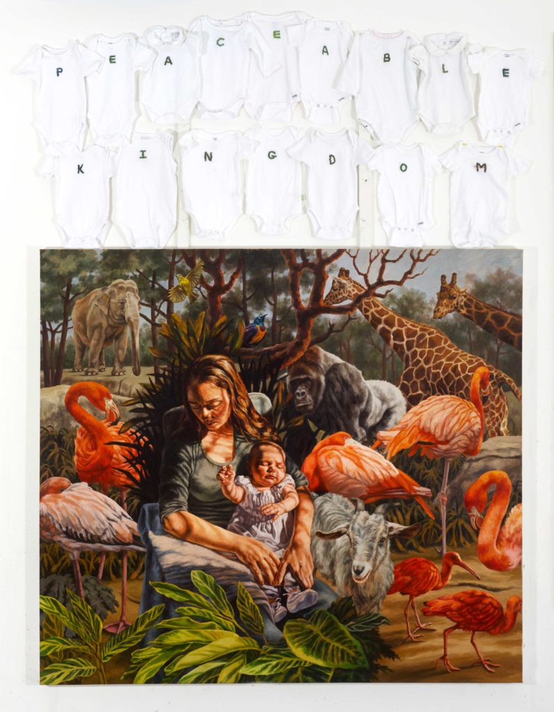 Narrative Art - Virginia Derryberry, “Peaceable Kingdom,” 2012, oil on canvas with 16 embroidered “onesies,” 96 x 60 in. (c) Virginia Derryberry 2017