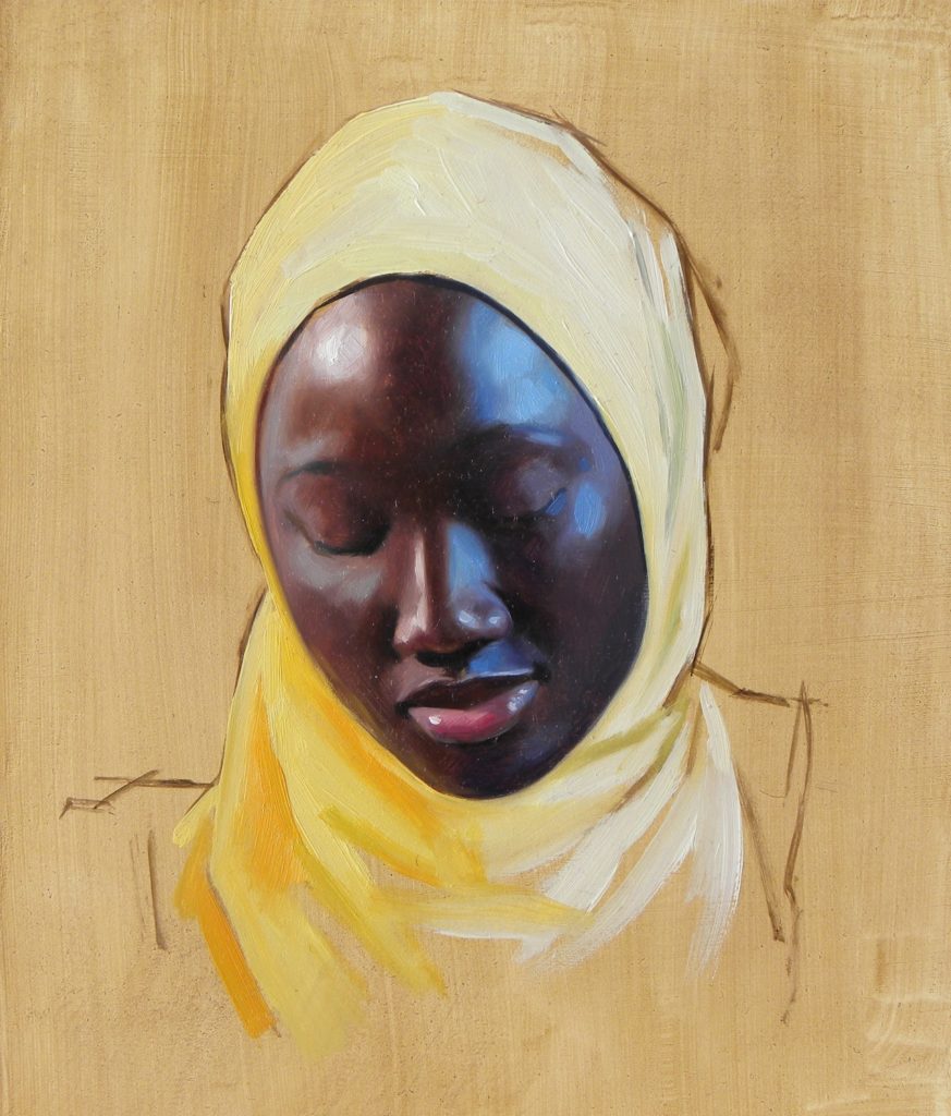 Jas Knight, “The Yellow Hijab,” 2014, oil on canvas, 12 x 9 in. (c) Grenning Gallery 2017