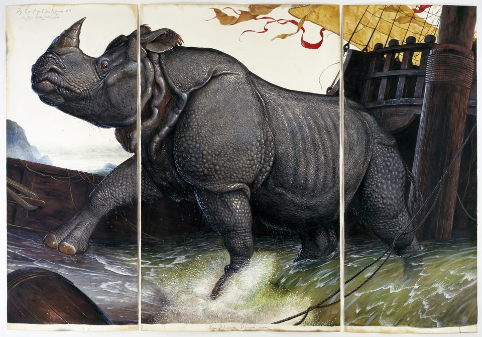 Walton Ford, “Loss of the Lisbon Rhinoceros,” 2008, watercolor, gouache, pencil, and ink on paper panel, (wings) 98 1/4 x 42 3/4 in. (center) 98 1/4 x 62 3/4 in. (c) Paul Kasmin Gallery 2017