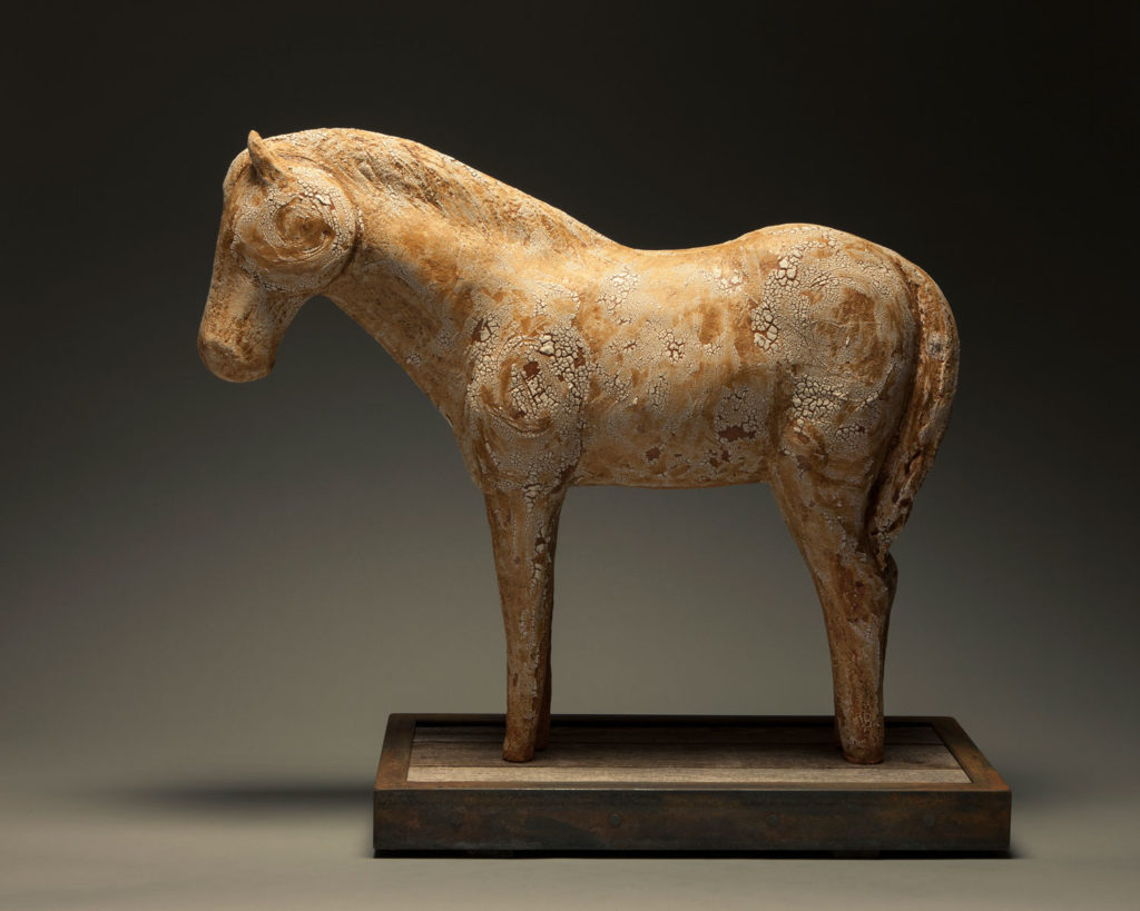 Amy Laugesen, “Rustic Mare,” ceramic and steel, 24 x 25 x 11 in. (c) Ann Korologos Gallery 2017