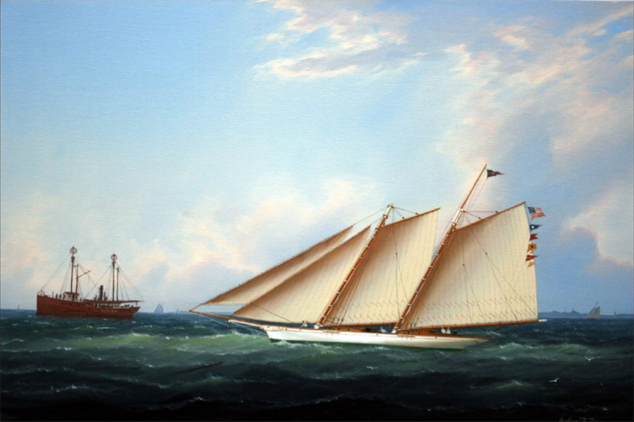 William R. Davis, “Cruising off Boston Lightship,” 2014, oil on canvas, 24 x 36 in. © Quidley & Company 2017