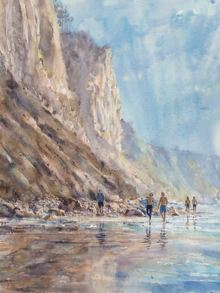 Bruce Swart, “Blacks Beach at High Tide,” watercolor, 28 1/2 x 34 1/2 in. © Sparks Gallery 2017