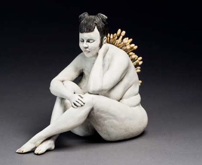 Laura Marmash, “Seated Figure with Fungi,” 2010, porcelain, engobe, stain, 4 3/4 x 9 x 7 in.