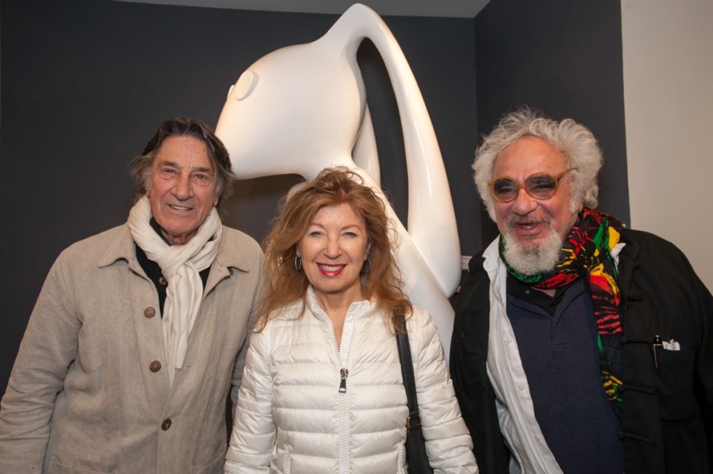 (Left to right) Sculptor Hans Van de Bovenkamp with artists April Gornik and Nathan Slate Jacobs in front of Veronique Guerrieri’s piece “Lapinou”