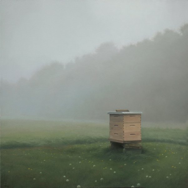 Brett Scheifflee, “The Warming Hive,” oil on panel, 11 x 11 in. © RLS 2017