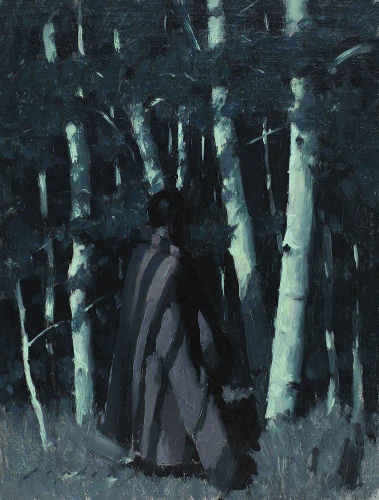 Jeremy Lipking, “Aspen Nocturne,” oil on panel, 8 x 6 in. © Image Courtesy Arcadia Contemporary 