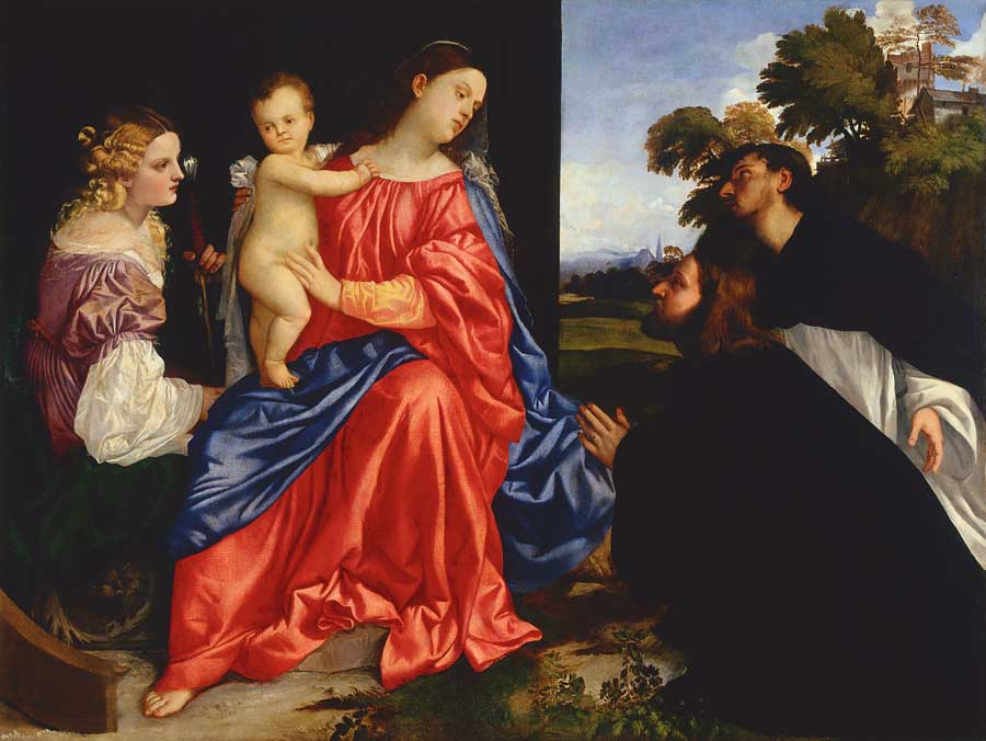 Titian, “Madonna and Child with Saints Catherine of Alexandria and Dominic, and a Donor,” circa 1513, oil on canvas, 54 x 72 1/2 in. (c) Fondazione Magnani Rocca 2017