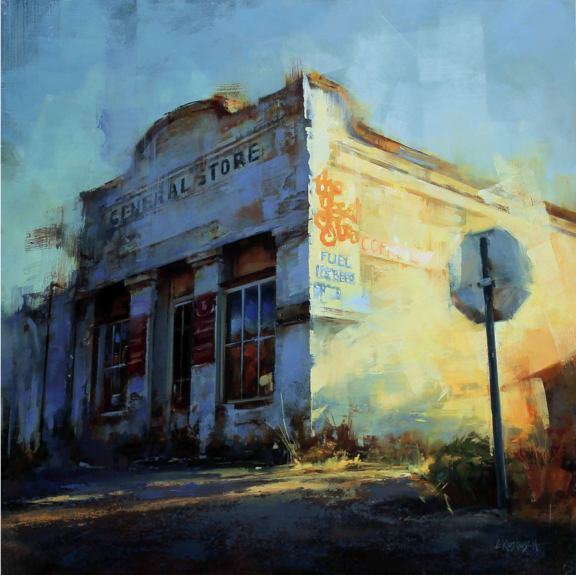 Lindsey Kustusch, “The General Store,” oil on panel, 24 x 24 in. 
