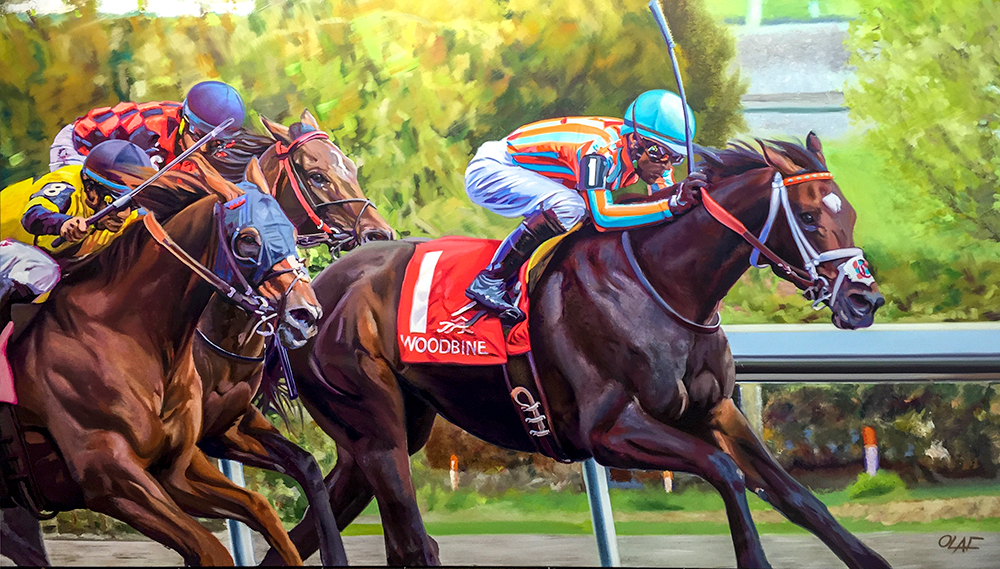 Olaf Schneider, “Out in Front,” 2015, oil on canvas, 42 x 72 in. 