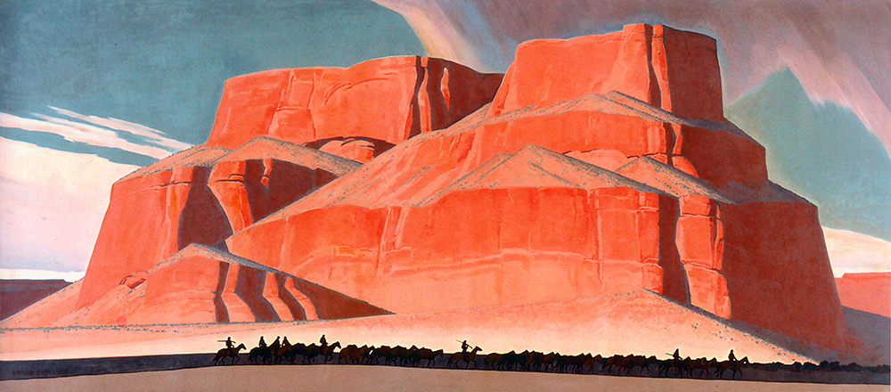 Maynard Dixon, “Red Butte with Mountain Men,” 1935, oil on canvas, 95 x 213 in. © Booth Western Art Museum