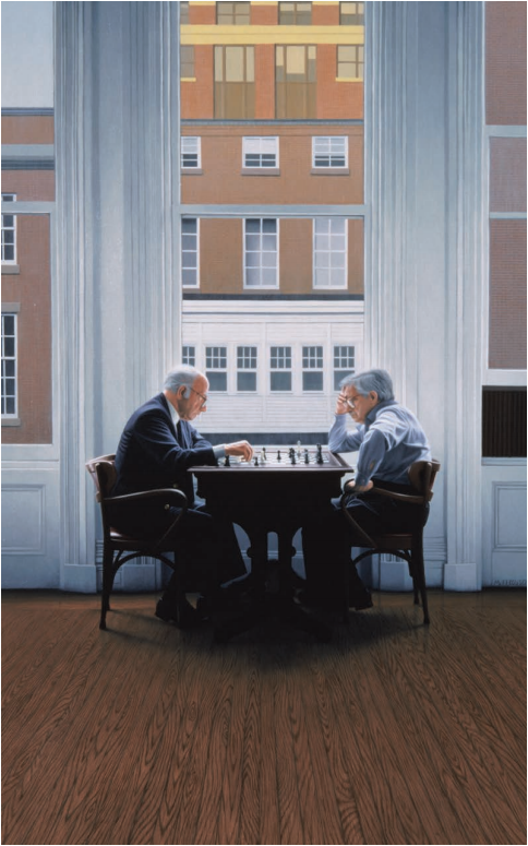 Max Ferguson, “Chess Players,” 1991, oil on panel, 30 x 19 inches