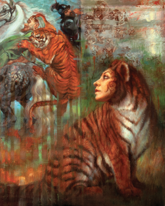 Janet Cook, “Tiger, Tiger, Burned so Bright,” oil on panel, 24 x 20 inches