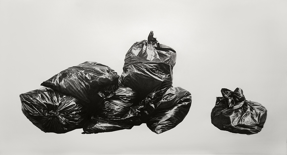 Joel Daniel Phillips, “Trash Bags,” charcoal and graphite on paper