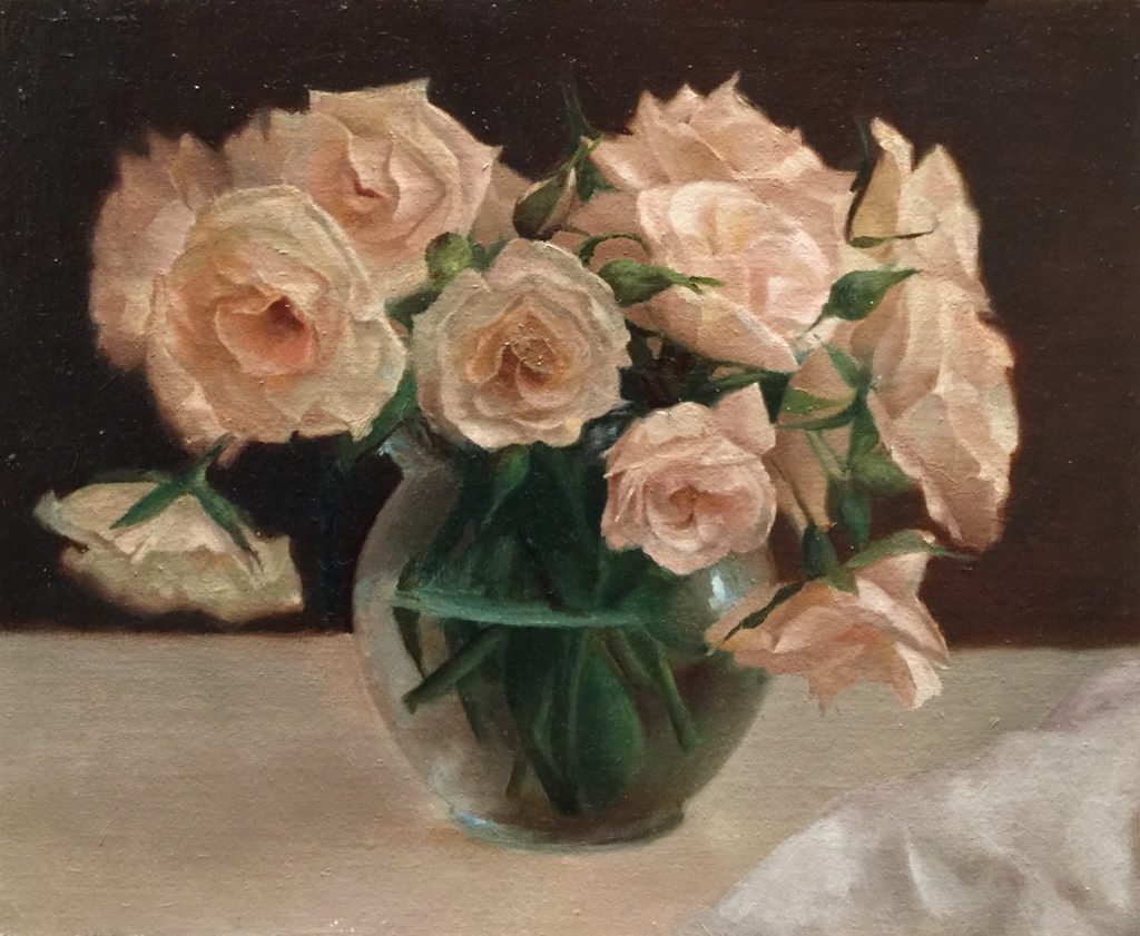 Marjorie van de Stouwe, “Antique Spray Roses,” oil on linen, 12 x 10 inches 