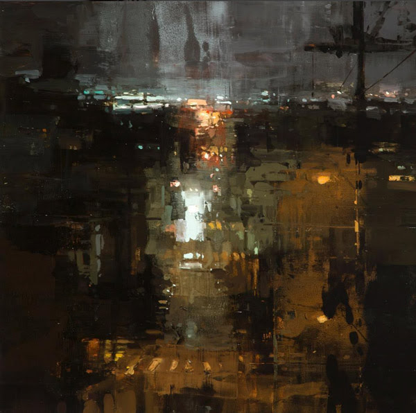 Jeremy Mann, “Through the Rain to the Wharf,” oil on panel, 12 x 12 inches
