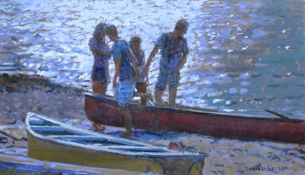 Dean Larson, “Children with Canoe,” 2015, oil on panel, 8 x 14 in.