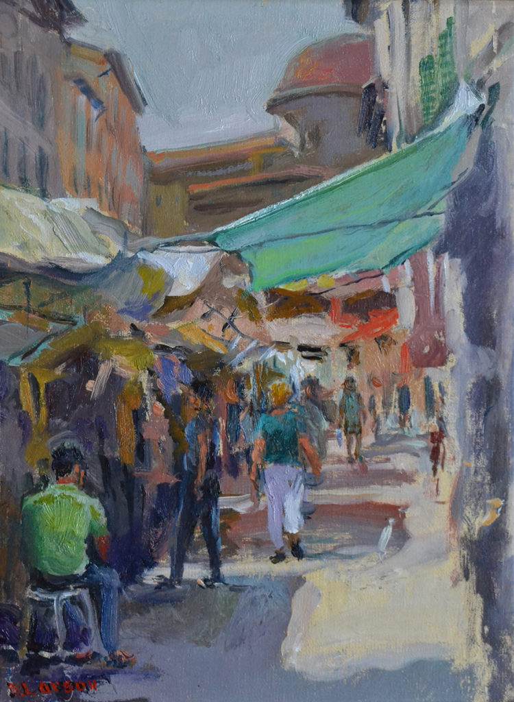 Dean Larson, “San Lorenzo Market,” 2015, oil on canvas, 12 x 9 in.