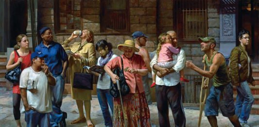 Multiple figures in a realism painting