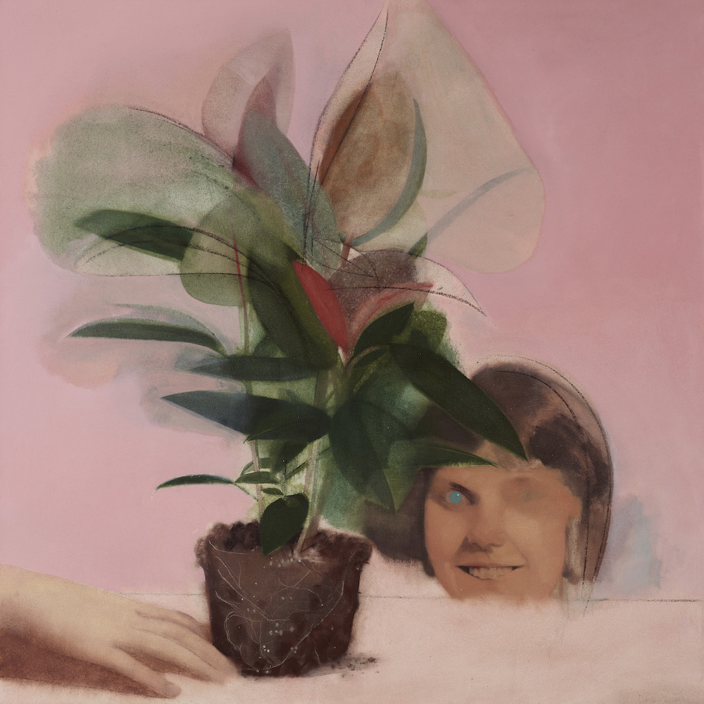Oil painting with a plant and a face