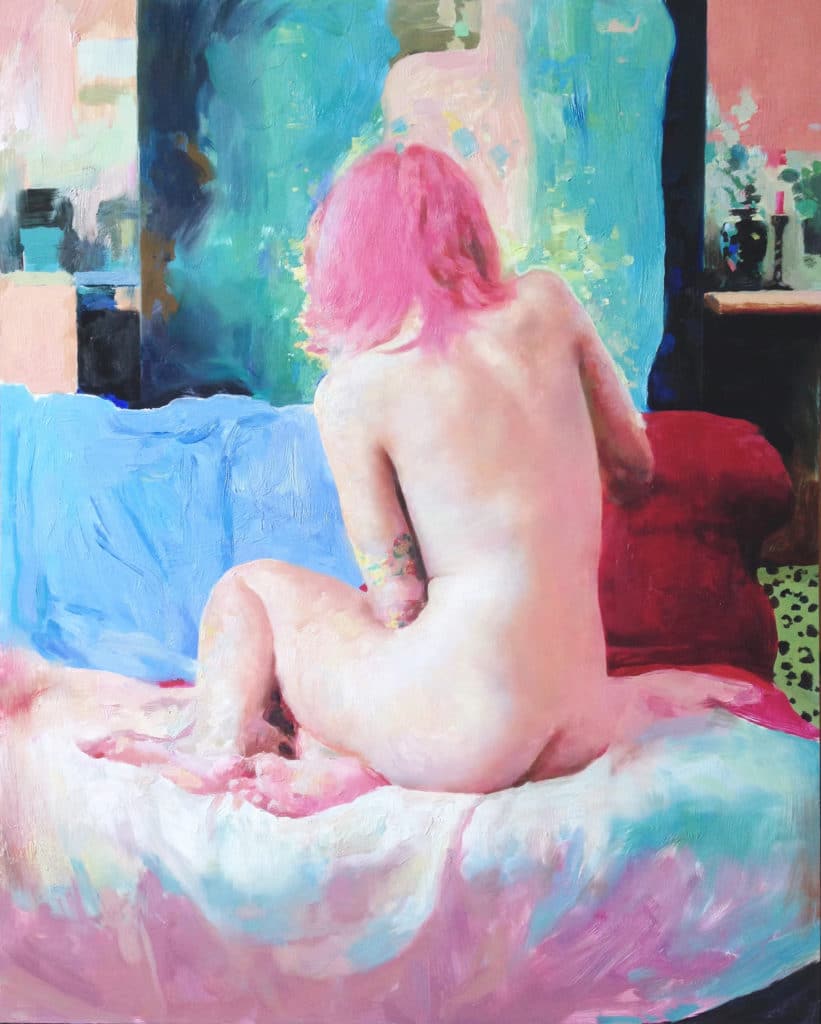 "Pink and Blue Nude" oil painting by Hollis Dunlap | Fine Art Connoisseur