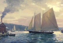 Summer in New England Leonard Mizerek, “Harbor Return,” oil, 12 x 24 in.