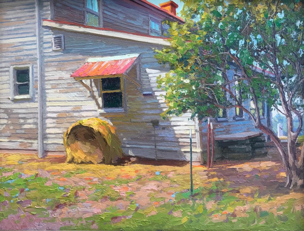 Billyo O’Donnell, “White Farm House and Round Bale, Missouri River Valley,” oil, 18 x 24 in.