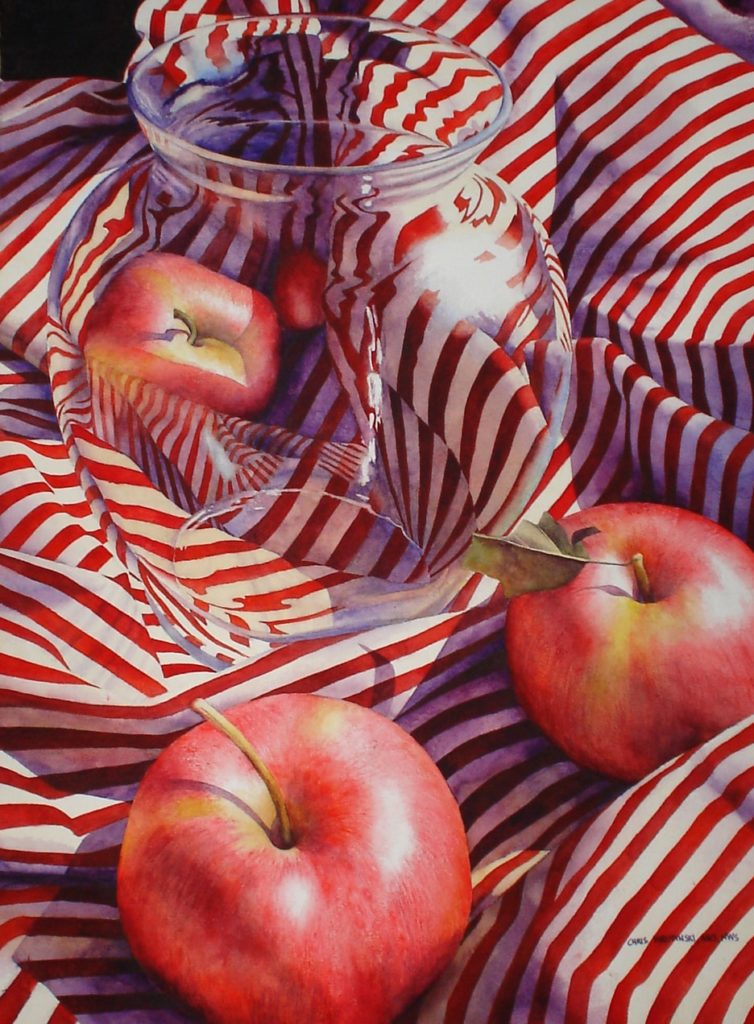 Chris Krupinski, “Apples, Stripes, and Jar,” transparent watercolor, 30 x 22 in.