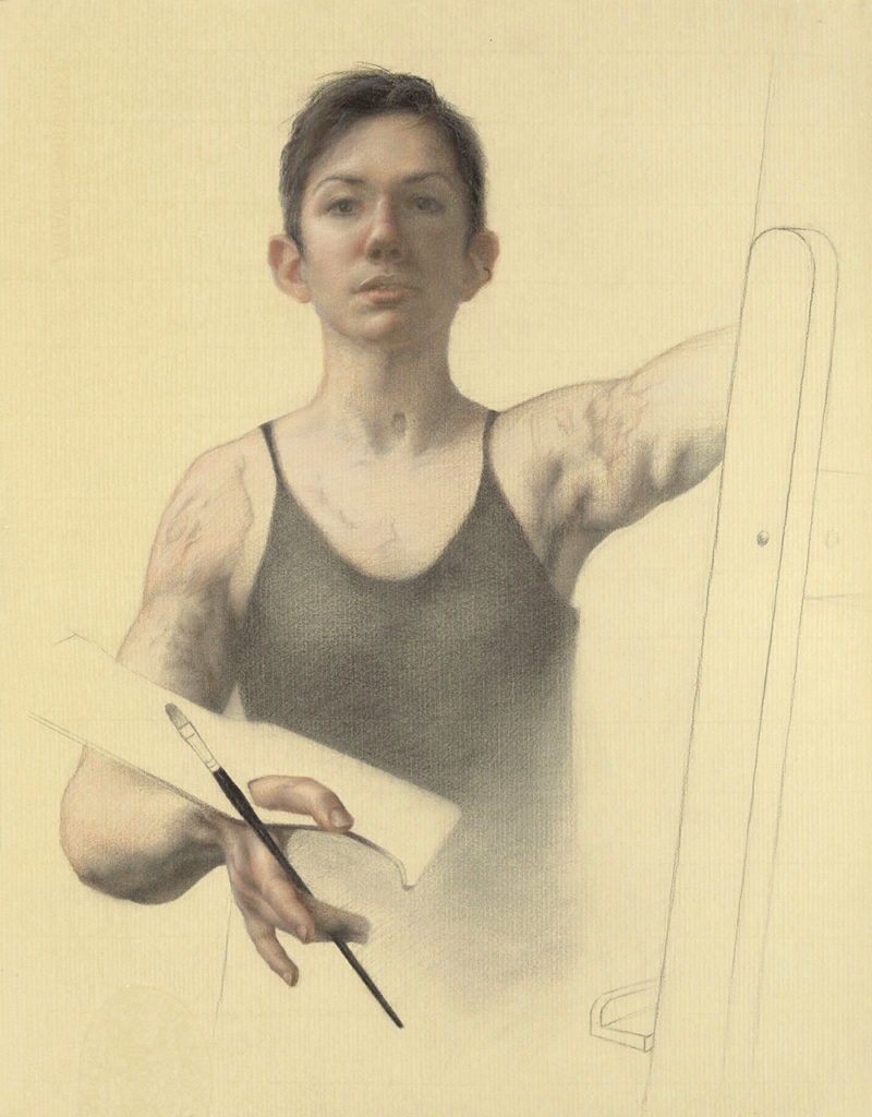 Grace Athena Flott, “Burned, Not Broken,” 2019, charcoal and pastel on toned paper, 19 x 24 in.