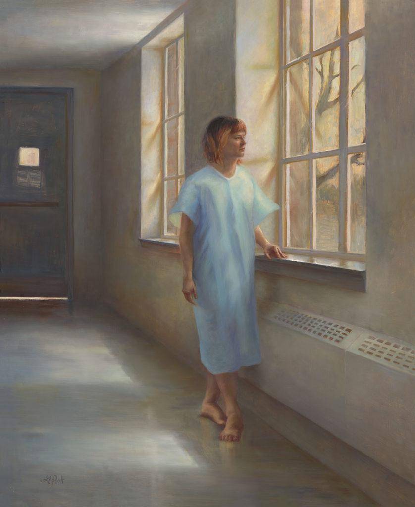 Grace Athena Flott, “Waiting,” 2019, oil on panel, 26 x 32 in.