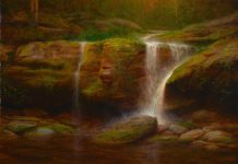 11 Classical Landscapes in Oil Ken Salaz, “Meditation Falls – Eros Flows Through My Veins Like a Wet Soul,” oil, 18 x 24 in.