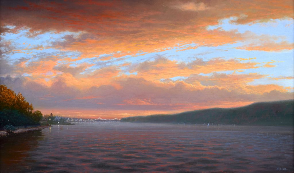 Ken Salaz, “Sunset – Dobbs Ferry Looking South to NYC,” oil, 12 x 20 in.