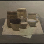 By Heart: Lichtman, Pierce, Saniga E. M. Saniga, “Plums, Pottery, and Canned Food (My Morandi),” 2016–2019, oil on panel, 13 x 15 in.