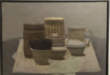 By Heart: Lichtman, Pierce, Saniga E. M. Saniga, “Plums, Pottery, and Canned Food (My Morandi),” 2016–2019, oil on panel, 13 x 15 in.