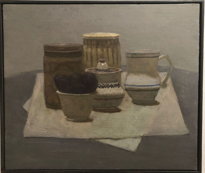 E. M. Saniga, “Plums, Pottery, and Canned Food (My Morandi),” 2016–2019, oil on panel, 13 x 15 in.