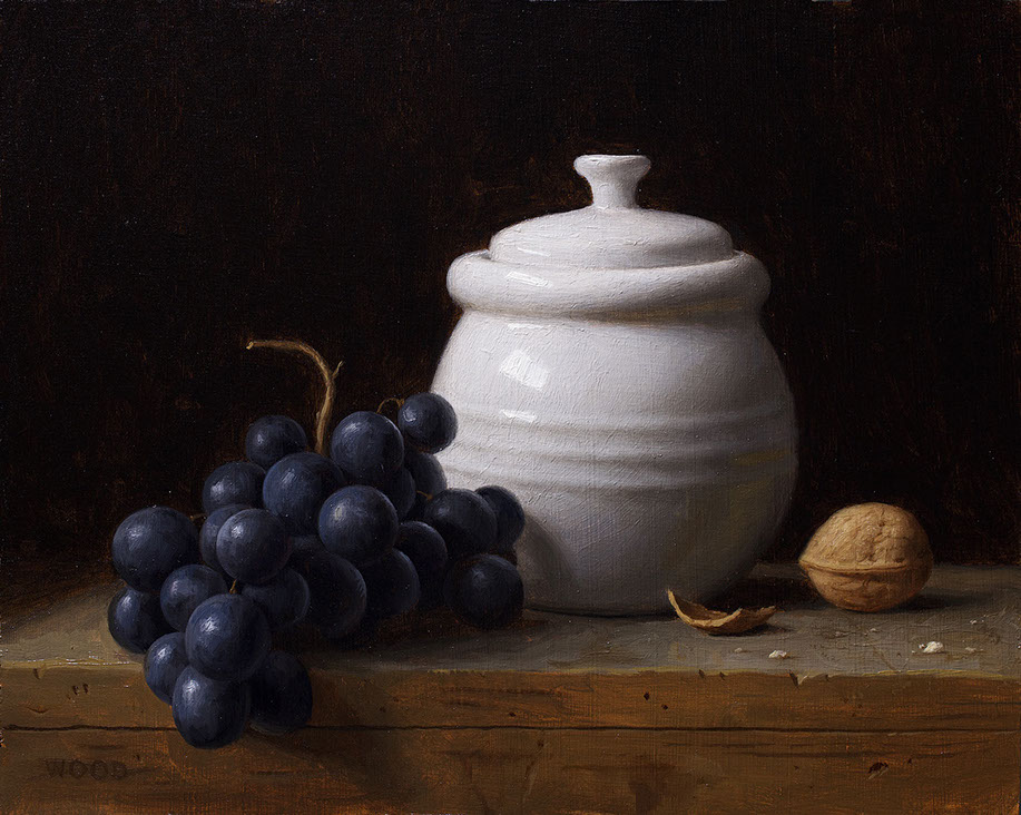 Justin Wood, “Jar and Grapes,” oil on panel, 8 x 10 in.