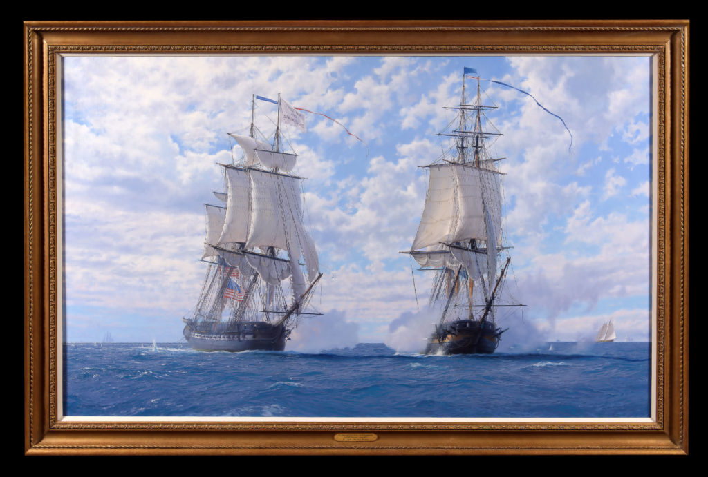 John Steven Dews (British, born 1949) “Capture of the US Chesapeake by HMS Shannon off Boston, 1 June 1813,” oil on canvas, 40 x 66 in. Courtesy of Trinity House (NY)