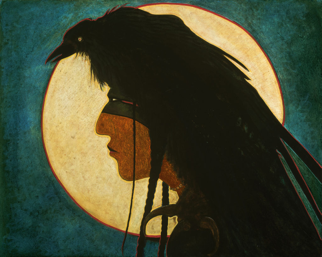 Kevin Red Star, “Crow Indian Totem – Blackbird Headpiece,” acrylic, 24 x 30 in.