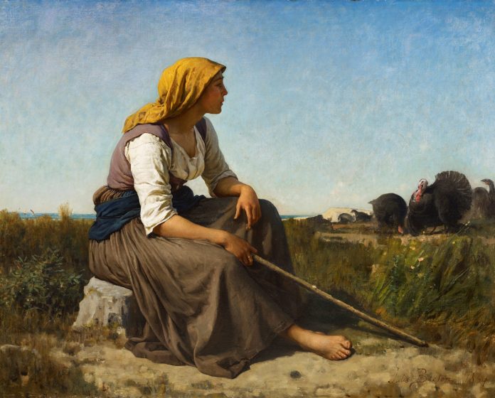 Jules Breton (Courrières, 1827 – Paris, 1906), “Gardeuse de Dindons (The Turkey Tender),” 1864, oil on canvas, 82.6 x 101.6 cm (32.5 x 40 in.) Signed lower right ‘Jules Breton’ and dated ‘1864’