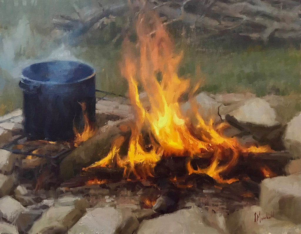 Chuck Marshall, “Camp Fire,” oil on canvas panel, 14 x 18 in.