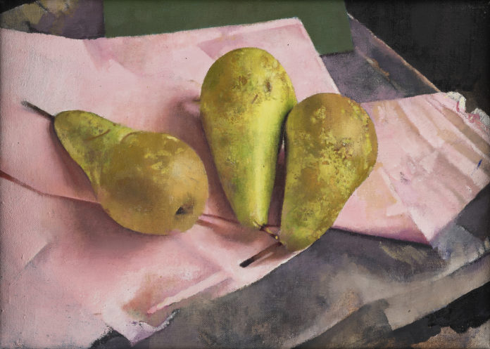 Diarmuid Kelley (b.1972), “Conference Pears Against a Pink Napkin,” 2018, oil on canvas, 9 7/8 x 14 inches (25 x 35.5 cm)